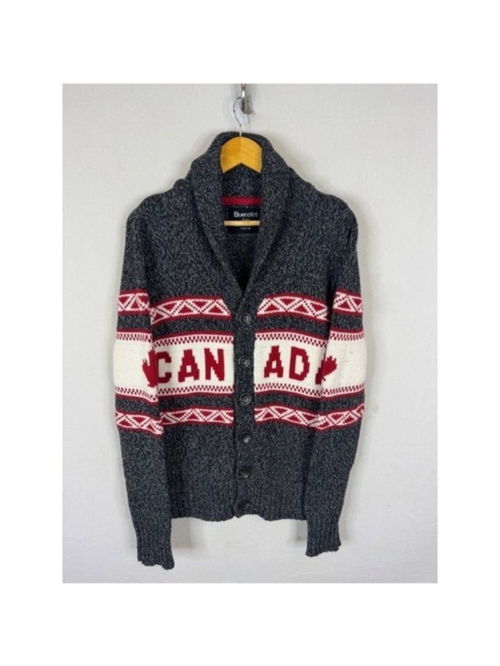 Bluenotes Mens Canada Shawl Collar Cardigan Sweater Grey Red Cowichan Size M